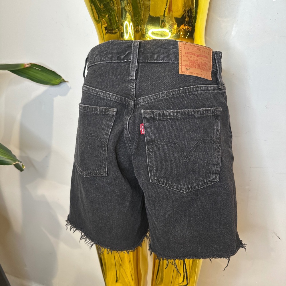 2010s Tumblr Thrashed Levis 501 High Rise Denim Shorts Black Raw Hem Womens 25